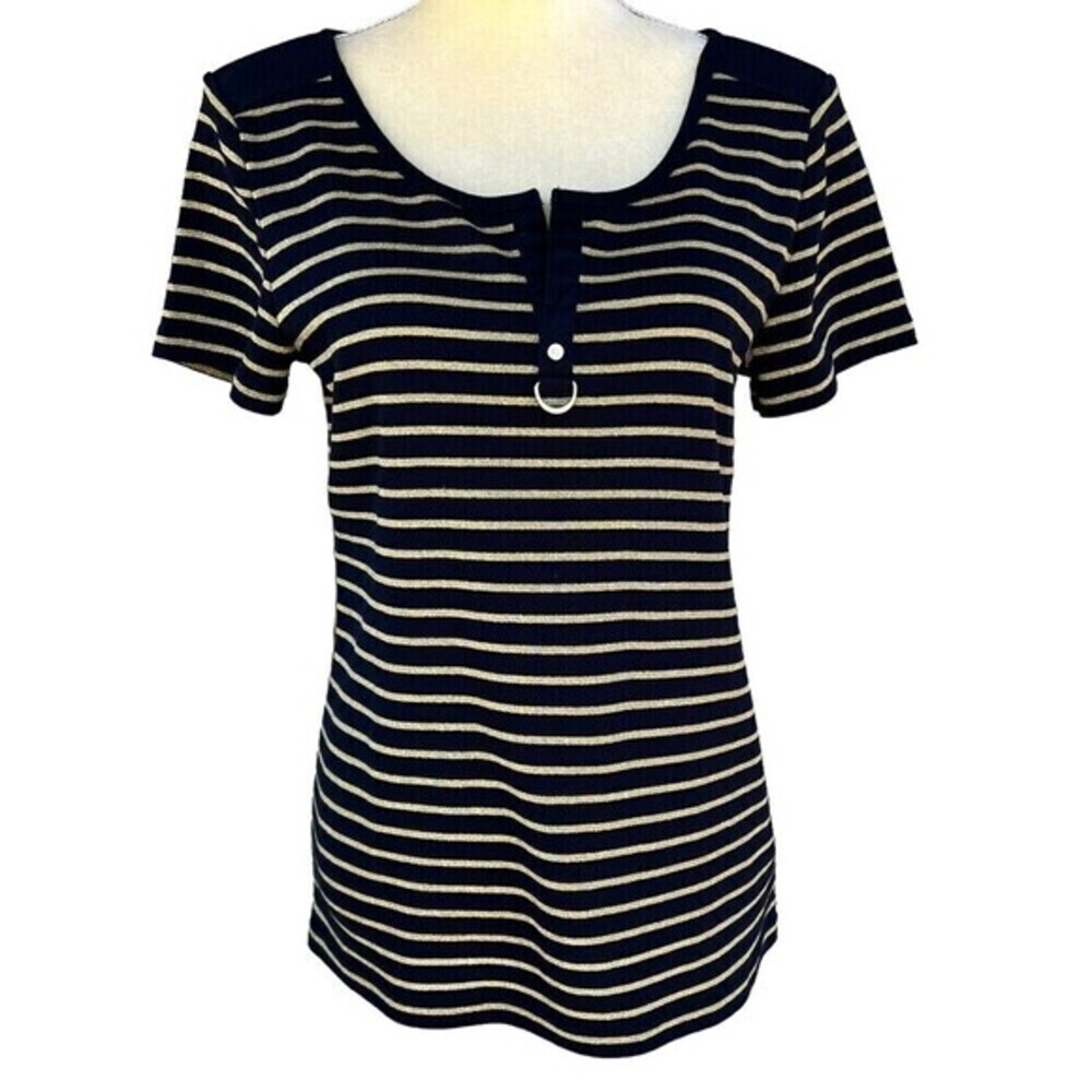 Lauren Ralph Lauren Women's Navy-Blue Gold Striped Blouse Top‎ Size L / G